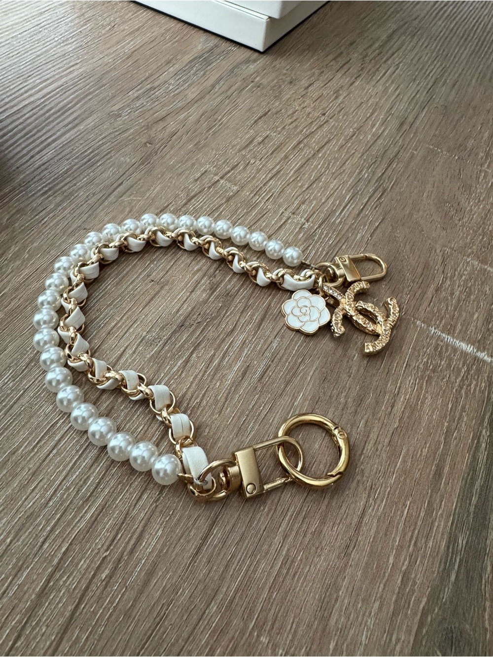 New - Gold and White Pearl Chain Bracelet with Floral Charm